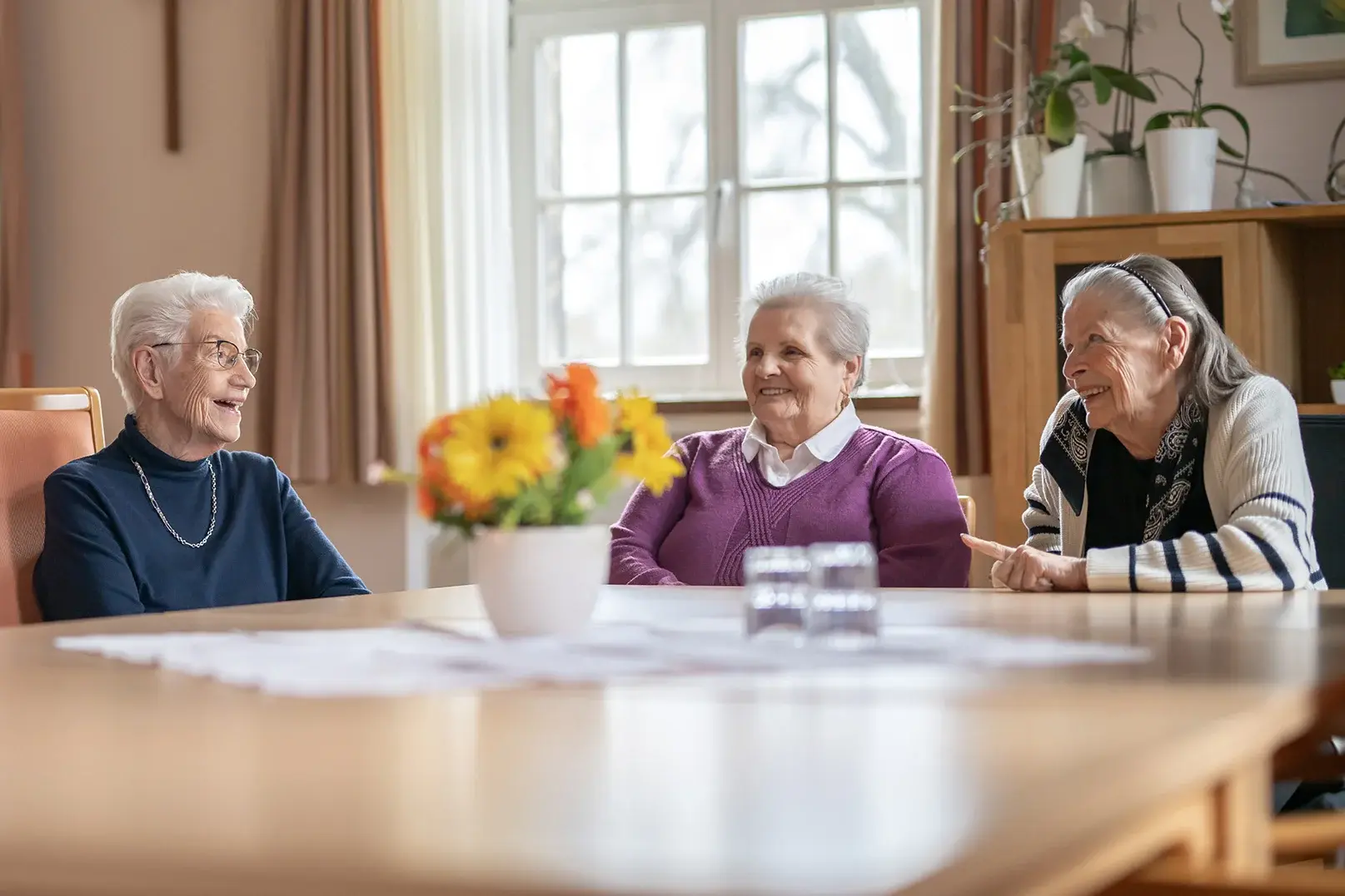 Bund der Caritasstiftungen im Bistum Hildesheim BdC Seniorenhilfe: Seniorinnen sitzen an einem Tisch und lachen